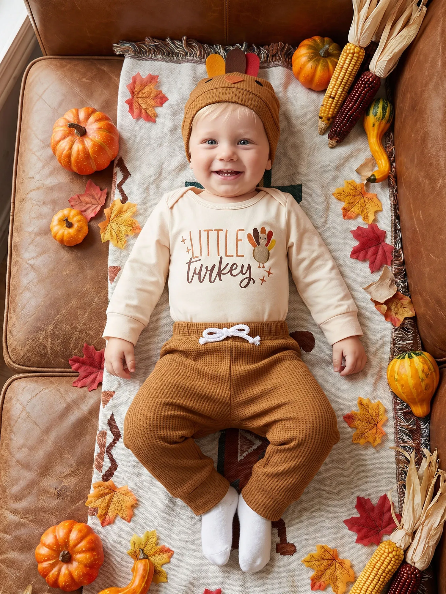 3 Piece Thanksgiving Outfit with Onesie, Pants and Hat - Image 3