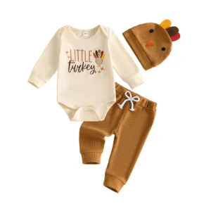3 Piece Thanksgiving Outfit with Onesie, Pants and Hat